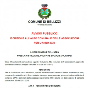 ISCRIZIONE ALL’ALBO COMUNALE DELLE ASSOCIAZIONI PER L’ANNO 2023